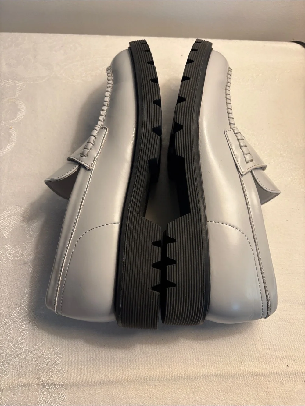 Calvin Klein Light Gray Blue Leather Penny Loafers with Black Lug Sole